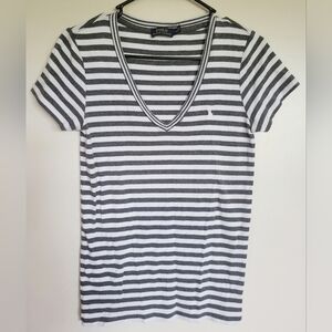 Polo Ralph Lauren Women's Gray and White Stripe V-neck Short Sleeve Top Size M